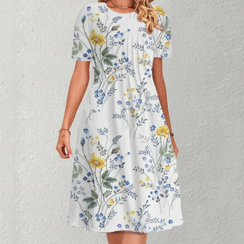 Womens Floral Short Sleeve Midi Dress Ladies Casual Summer Pleated Holiday Dress - Bild 6 von 24