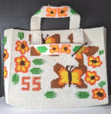 Yarn 50's vintage Cross Stitch Needlepoint Plastic Canvas Tote Bag