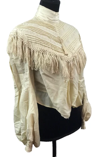 Antique Womens Ladies Victorian Blouse Shirt Fringe High Collar Leg of Mutton