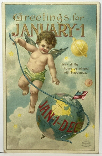 New Year Postcard Cherubs Angel USA Flag North Pole Earth Planets Intl Art 3153 - Picture 2 of 3