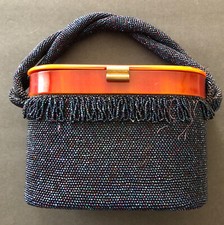 VTG 1940's Art Deco Ebony Iridescent Glass Beaded Evening Handbag Oval shaped