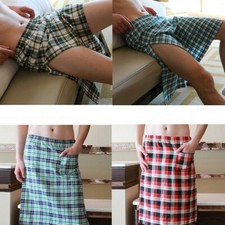 Men's Cotton Blend Check Night Skirt Plaid Nightdress Lingerie Sleepwear Fashion