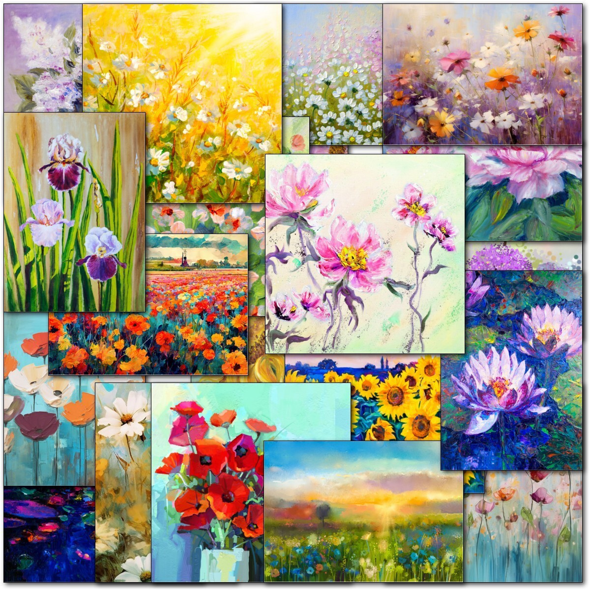 Doodlecards Pack of 20 Floral Art Blank Cards - Flowers Poppies Sunflowers Daisy