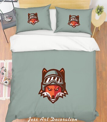 3D Fox Head Helmet Green Background Quilt Cover Set Bedding