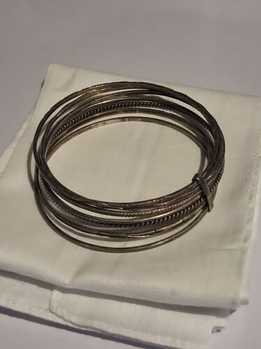 STERLING SILVER-Alternating Textured Connected 7 Rolling Bangle Bracelet 30g - Picture 1 of 5