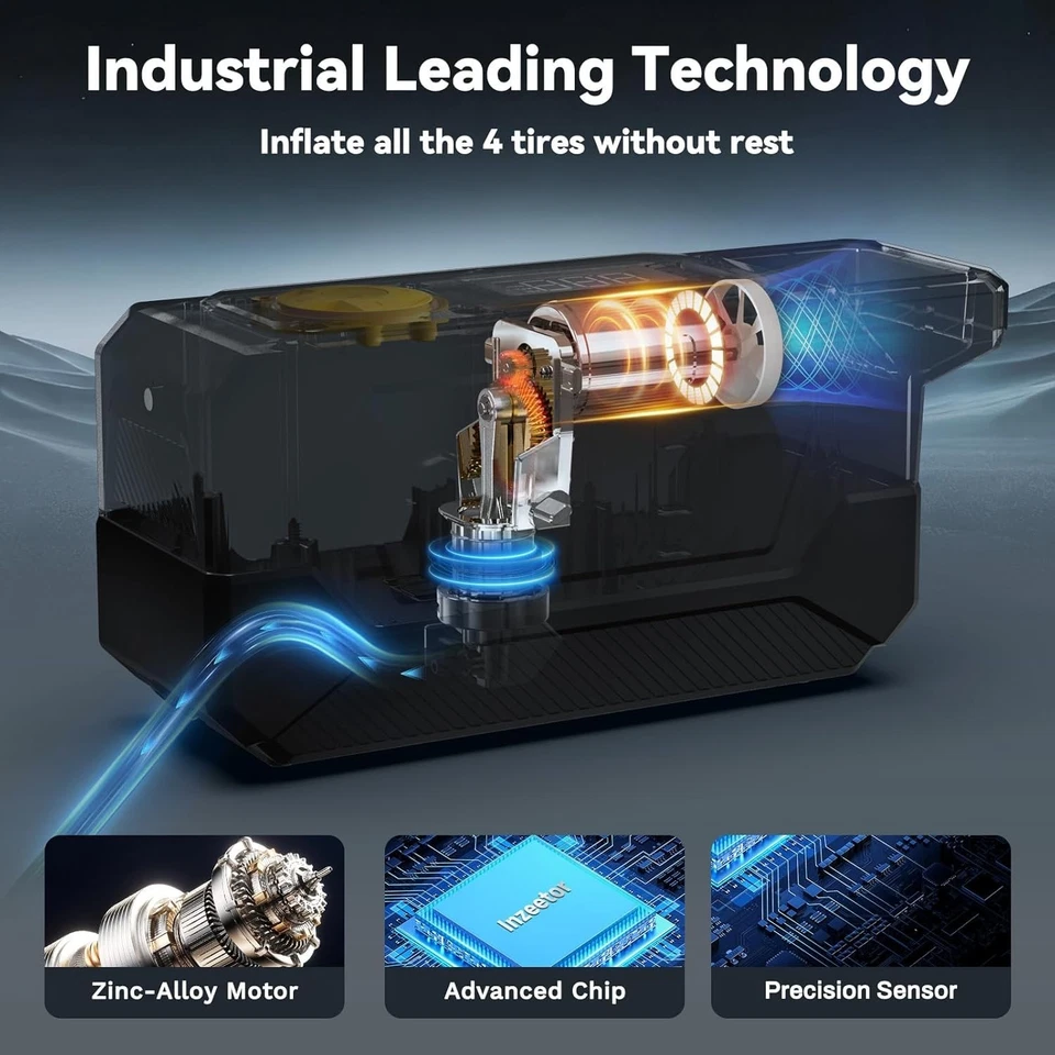 Inflador de neumáticos portátil 150 PSI compresor de aire calibre digital 12V DC luz LED Foto 3 de 4
