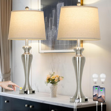 Silver Table Lamps Set of 2, Touch Control Bedside Lamp with USB A C Ports and A