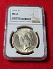 1924 $1 Peace Silver Dollar 001 - NGC MS63 - 90% Silver - .7734 Ounce