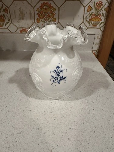 Vintage Fenton Stamped Silver Crest Hand Painted Signed Ruffled Rim Vase