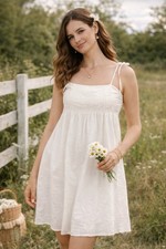 White Cotton Babydoll Dress Tie Straps Embroidered Boho Cottagecore S