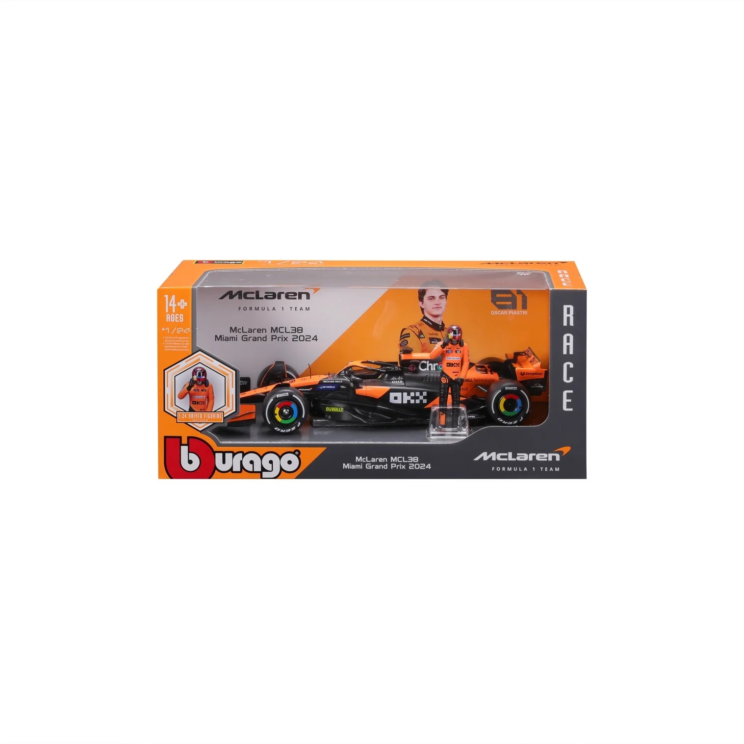 BURAGO 1/24 1:24 F1 MCLAREN MCL38 2024 WITH DRIVER FIGURE PIASTRI B18-28040P