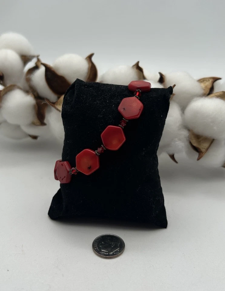 Pulsera gruesa de coral rojo con cuentas hexagonales de plata de ley 925 vintage Foto 4 de 4