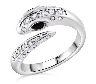 Black Glass & Simulated Diamonds Stainless Steel Snake Ring Women's Size 7 New