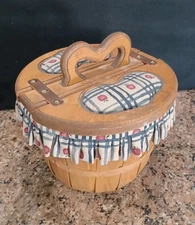 VINTAGE FABRIC LINED BUSHEL FLIP TOP SEWING BASKET WITH HEART SHAPED HANDLE