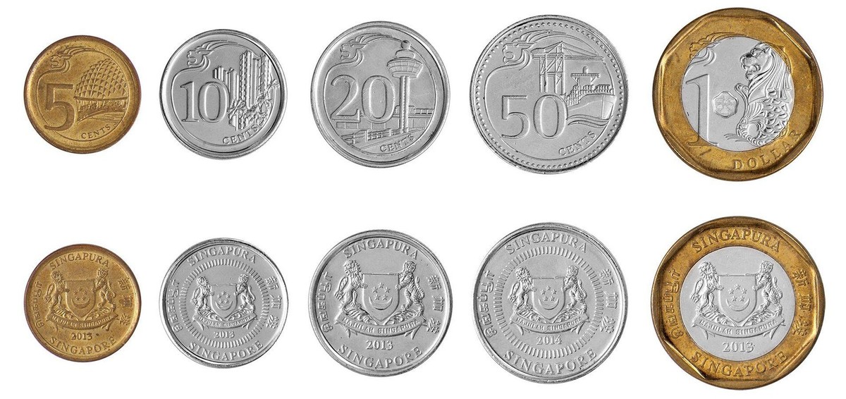 Singapore 5 Cents - 1 Dollar 5 Pieces Set, 2013-2014, KM #314-348