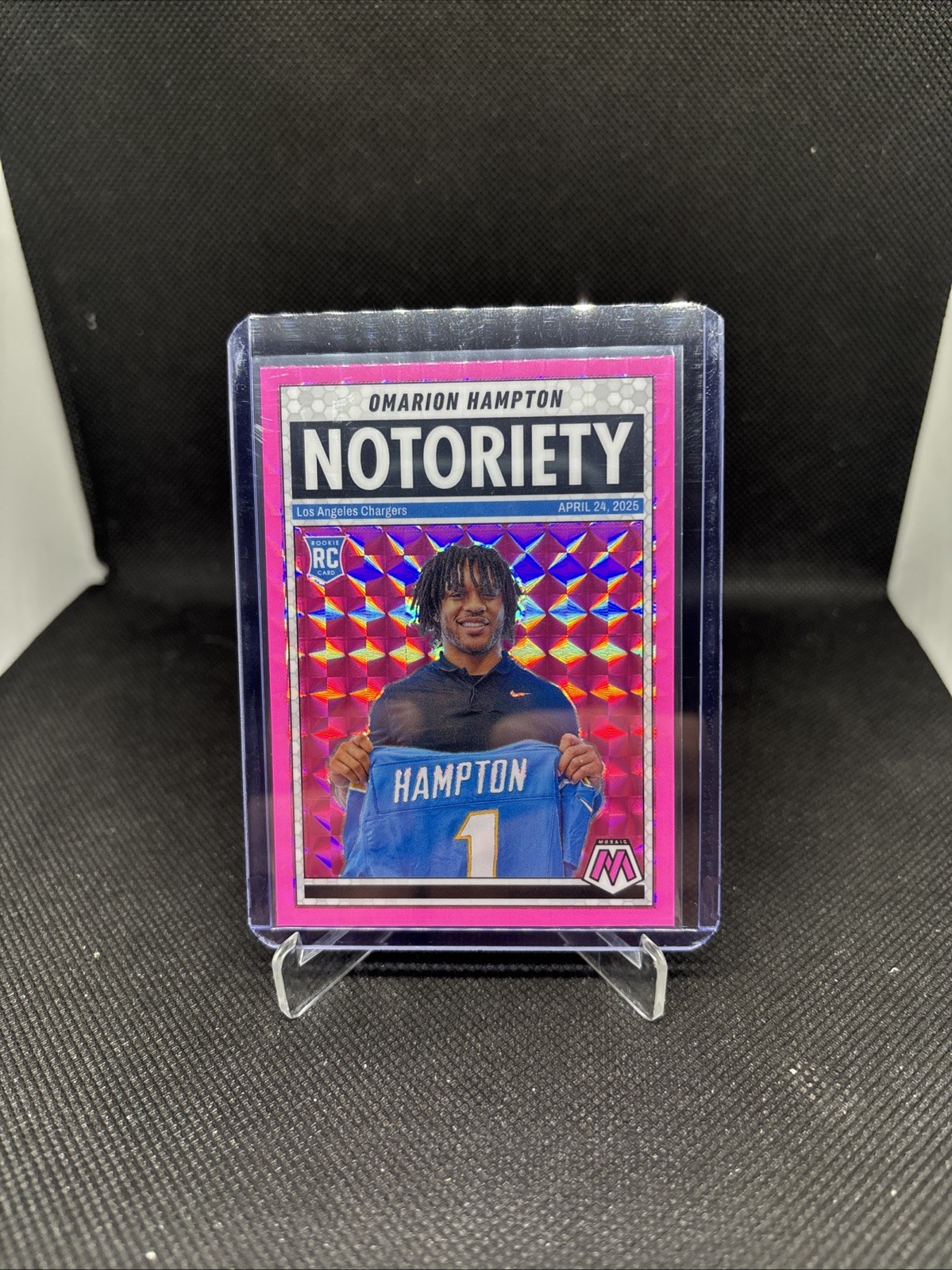 2025 Panini Mosaic - Notoriety Omarion Hampton #20 Mosaic Pink Fluorescent Prizm