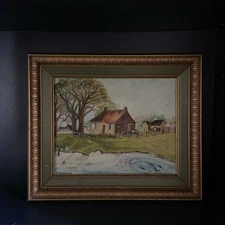 Vtg MCM Original Oil Canvas Primitive Painting FarmHouseAnimals Fisherman Scene