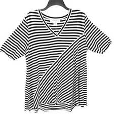 Sag Harbor Womens T-Shirt Black White Asymmetric Stripes Stretch V Neck XL New