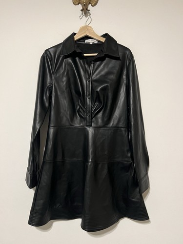 Karina Grimaldi Black Vegan Leather Mini Button Front Dress Size Large R86 - Picture 2 of 6