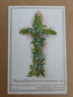 ORIGINAL VICTORIAN RELIGIOUS NEW YEAR CARD CROSS FERNS BLUE FLOWERS