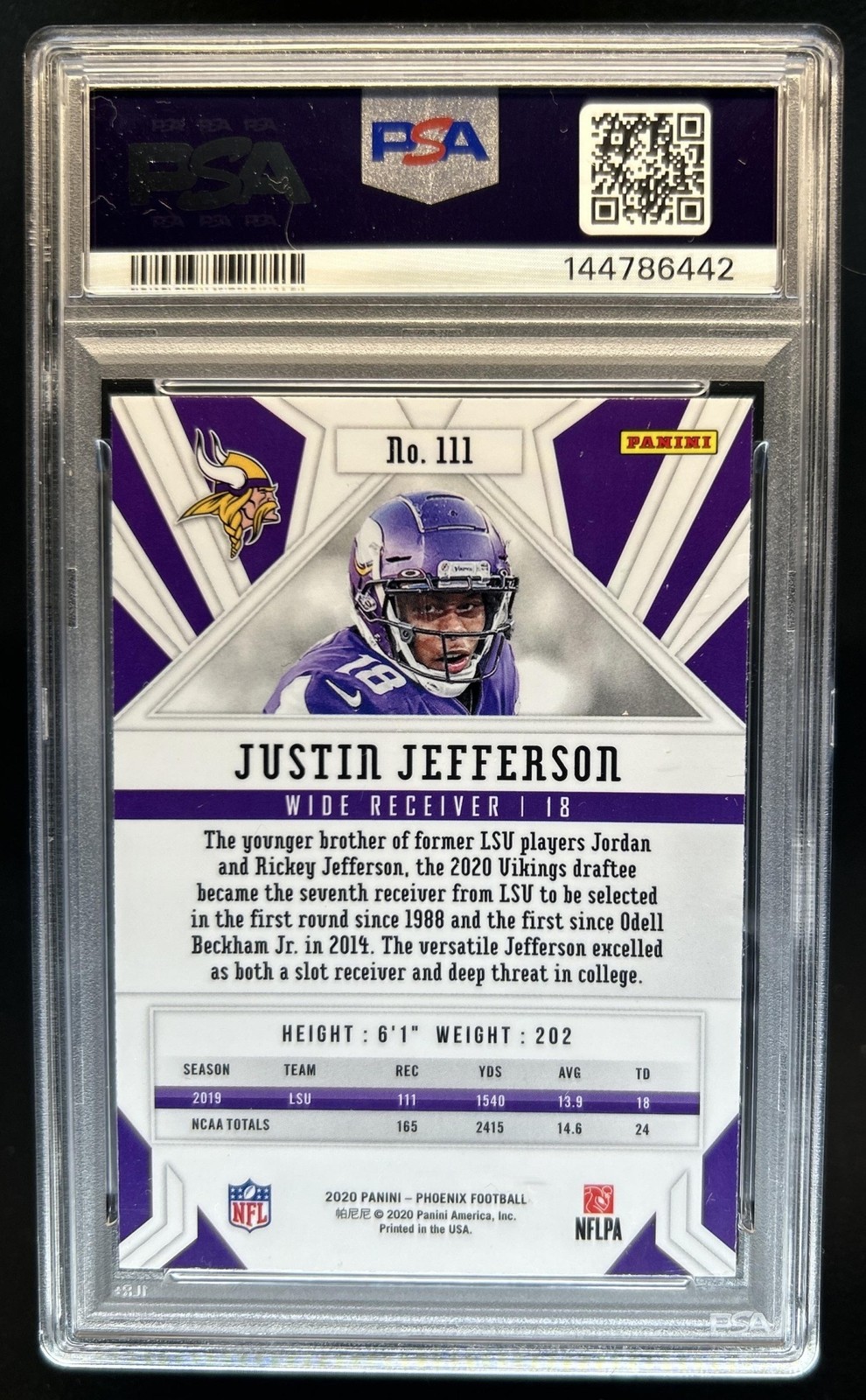 2020 Panini Phoenix Justin Jefferson RC Fire Burst Rookie #111 Vikings PSA 10 view 2