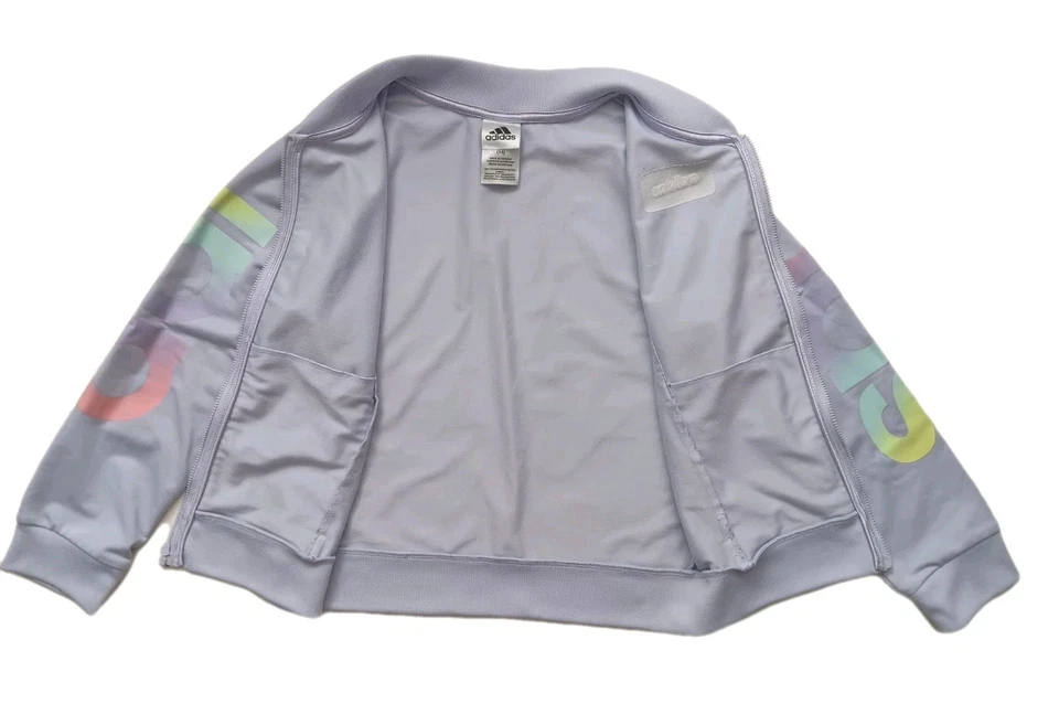 Adidas Girls Tracksuit 2-Piece Size 14 Lavender Jacket & Pants Rainbow Trim - Image 3 of 4