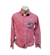 CAMP DAVID Men's Casual Shirt S Red White Striped Graphic Patch Long Sleeve
