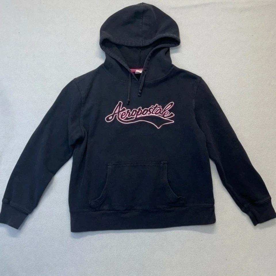 Aeropostale пуловер толстовка с капюшоном девочек размер маленький черный розовый логотип - Изображение 2 из 4