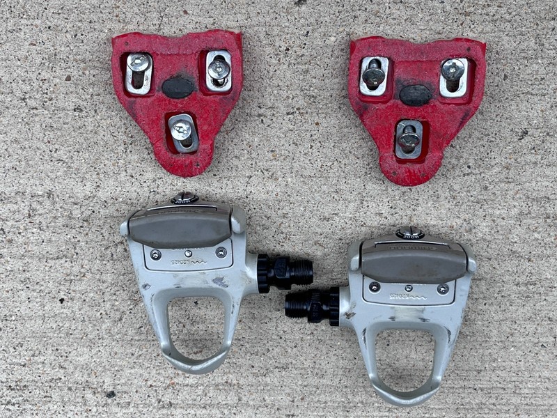 Shimano 105 Model PD-1056 SPD-SL Clipless Pedals And Red Look Delta Cleats