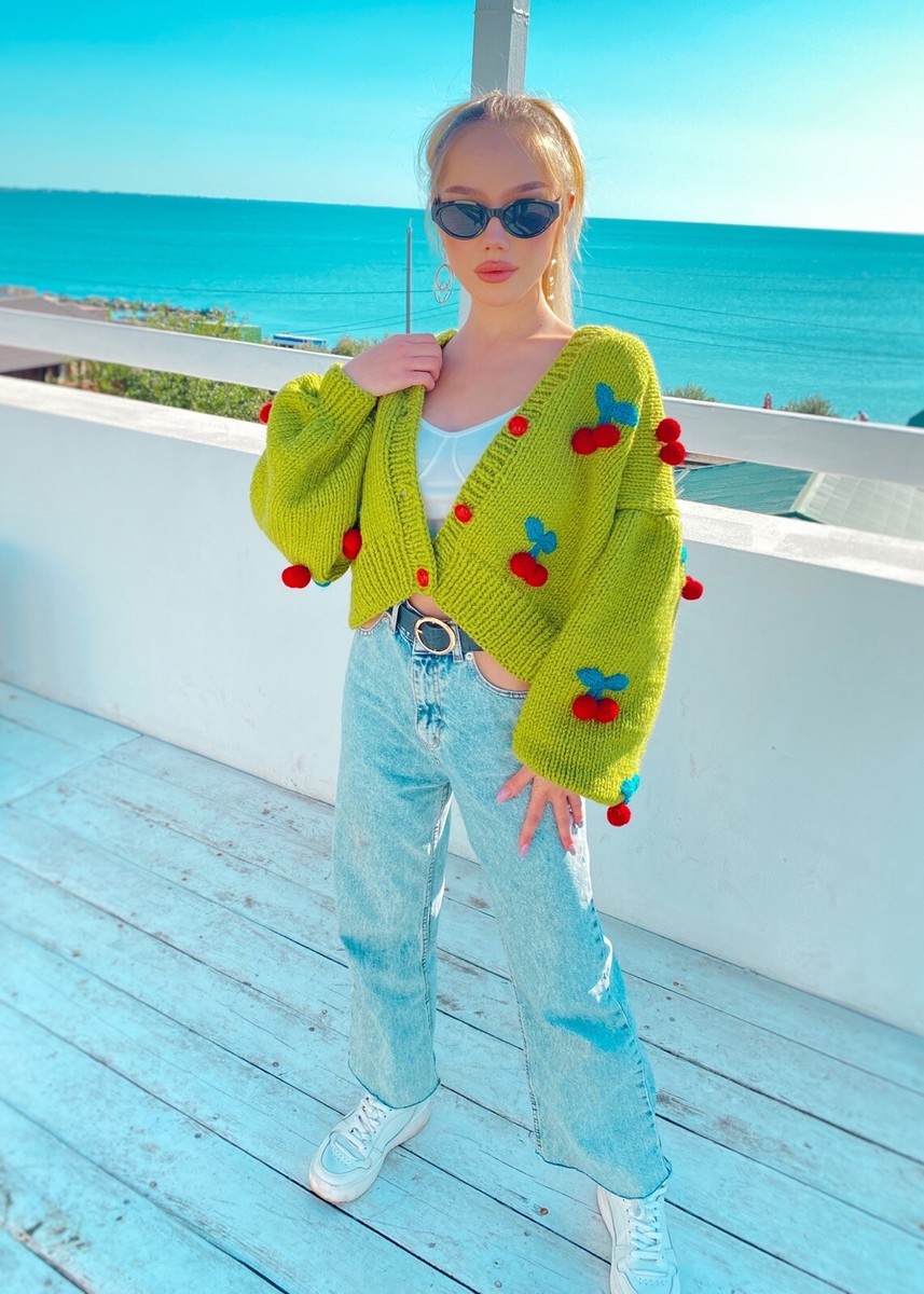 Chunky knit green crop cherry cardigan Strawberry cardigan Knitted