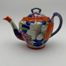 Lusterware Teapot Japan Handpainted Floral Orange Trim Blue Handle