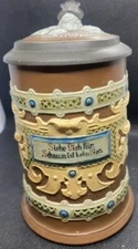 Antique 1904 Mettlach Tapestry German Lidded Stein 1/4 Litre Beer Mug #1745 ~ 6"