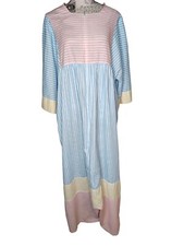 Vintage Leisure Life Housecoat Mumu, Medium, Blue Yellow Red Stripe Retro Granny