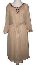 Eci Dress 8 Beige Cold Shoulder Crepe Stones And Beads Embellished NEW