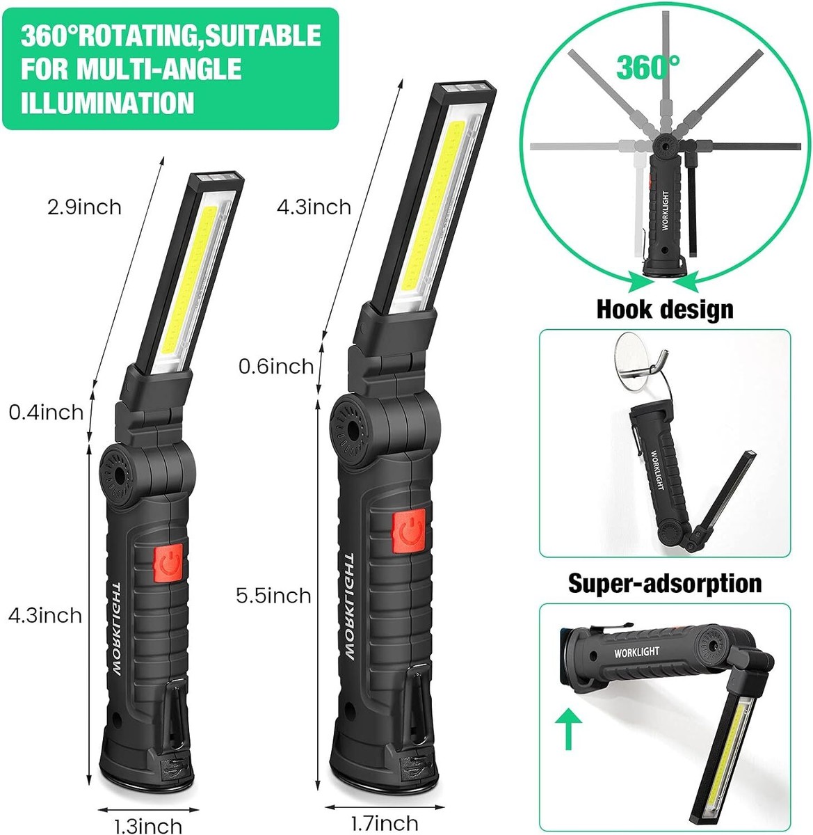 Rechargeable LED COB Work Light With Magnetic Base | Mechanic Flashlight | Portable Bright Lamp | 18650 Battery