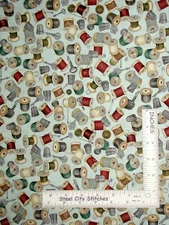 Spool Thimble Button Toss Lt Aq-Gr Cotton Fabric Quilting Treasures By The Yard