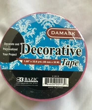 BAZIC Damask Decorative Tape Pink White 1.88" x 32.8 Yard Packing Craft RARE NEW
