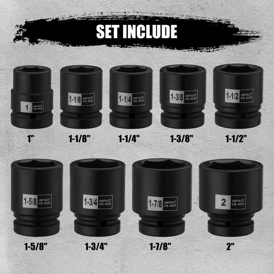 1英寸驱动主轴轴螺母冲击插座套件1英寸至2英寸,9件6点,SAE,CR-MO — 第 2/4 张图片