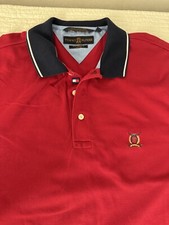 Vintage Tommy Hilfiger Golf Shirt Polo Mens Size M Red With Navy Blue Collar