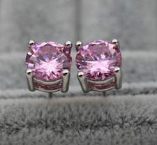 New Silver White Gold Filled 4 Prong Box Set 7mm Round Pink CZ Stud Earrings