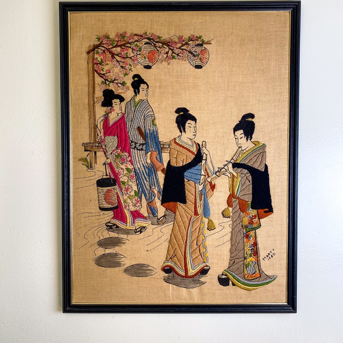 Vintage Japanese People GEISHA Girl Completed Needlepoint