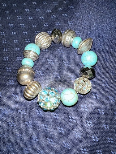 Bracelet Stretch Silver Tone Faux Turquoise Rhinestone Brass Tone Beads 8” Long - Picture 2 of 10