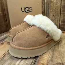 UGG DISQUETTE PLATFORM SLIPPER WOMENS US 9 CHESTNUT SUEDE / WOOL SLIDE SANDAL