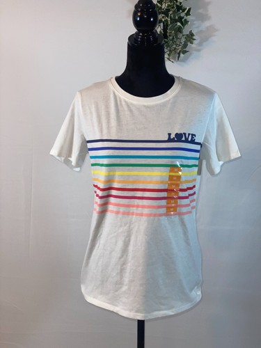 Women's White Crew Neck T-Shirt letter Love with rainbow stripes print size M