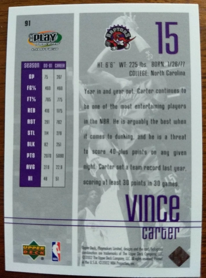 VINCE CARTER, 2001-02 UD PLAYMAKERS LIMITED #91,  RAPTORS - Image 2 of 2