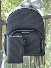 Michael Kors Large School Backpack Shoulder Bag Handbag Black +WRISTLET Wallet