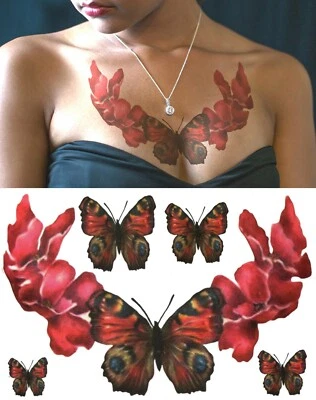 3D TATTOOS UK Temporary Tattoo Large Red Rose Petals Butterfly Body Art Fake Waterproof Ladies