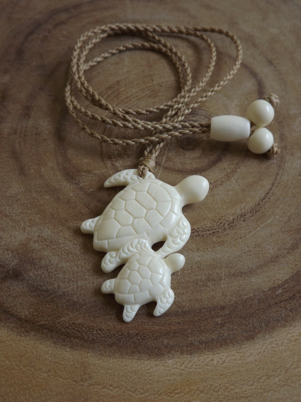Hawaiian Buffalo Bone Turtle Pendant Necklace Choker - Mother Turtle & Child