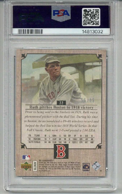 2007 UPPER DECK MASTERPIECES BLACK LINEN BABE RUTH CARD RED SOX /99 PSA 10 RARE - Image 2 of 2