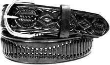 Western Real Full Grain Leather Belt Tooled Braided Wavy Design Black Dress Belt